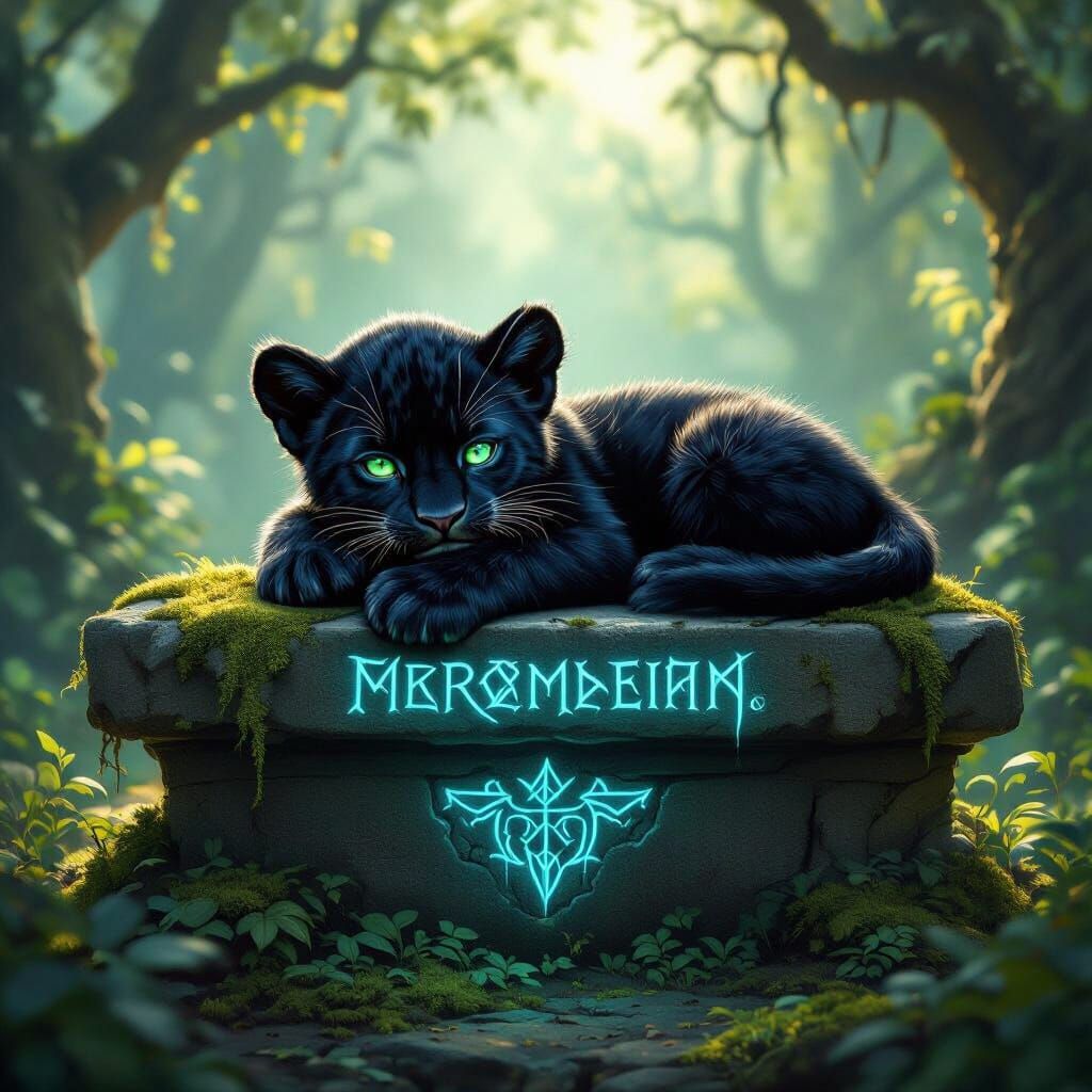 Black Panther Cub on Ancient Altar in Enchanted Forest