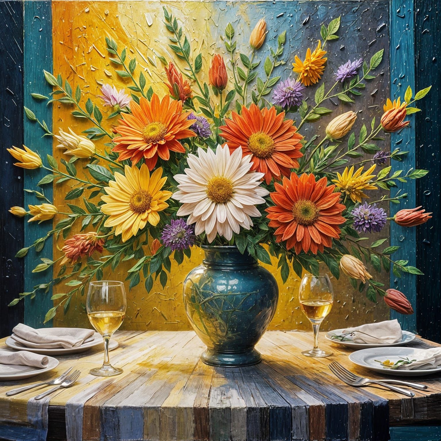 Impasto Flowers Highlighted by Light Rays