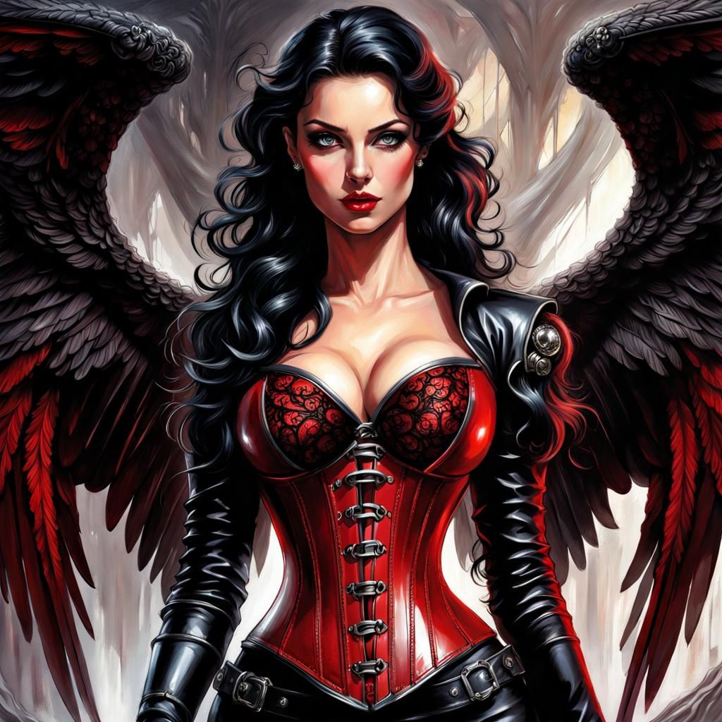 Ink Angel in Red Lace: Surrealist Oil Painting