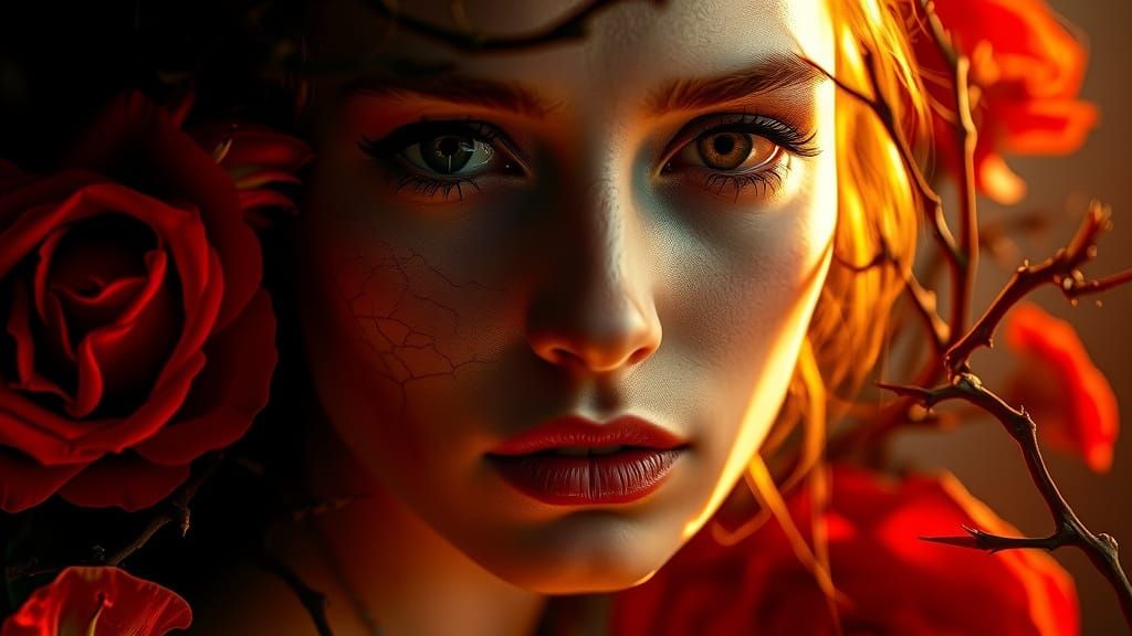 Surreal Portrait in Warm Golden Light and Dark Shadows