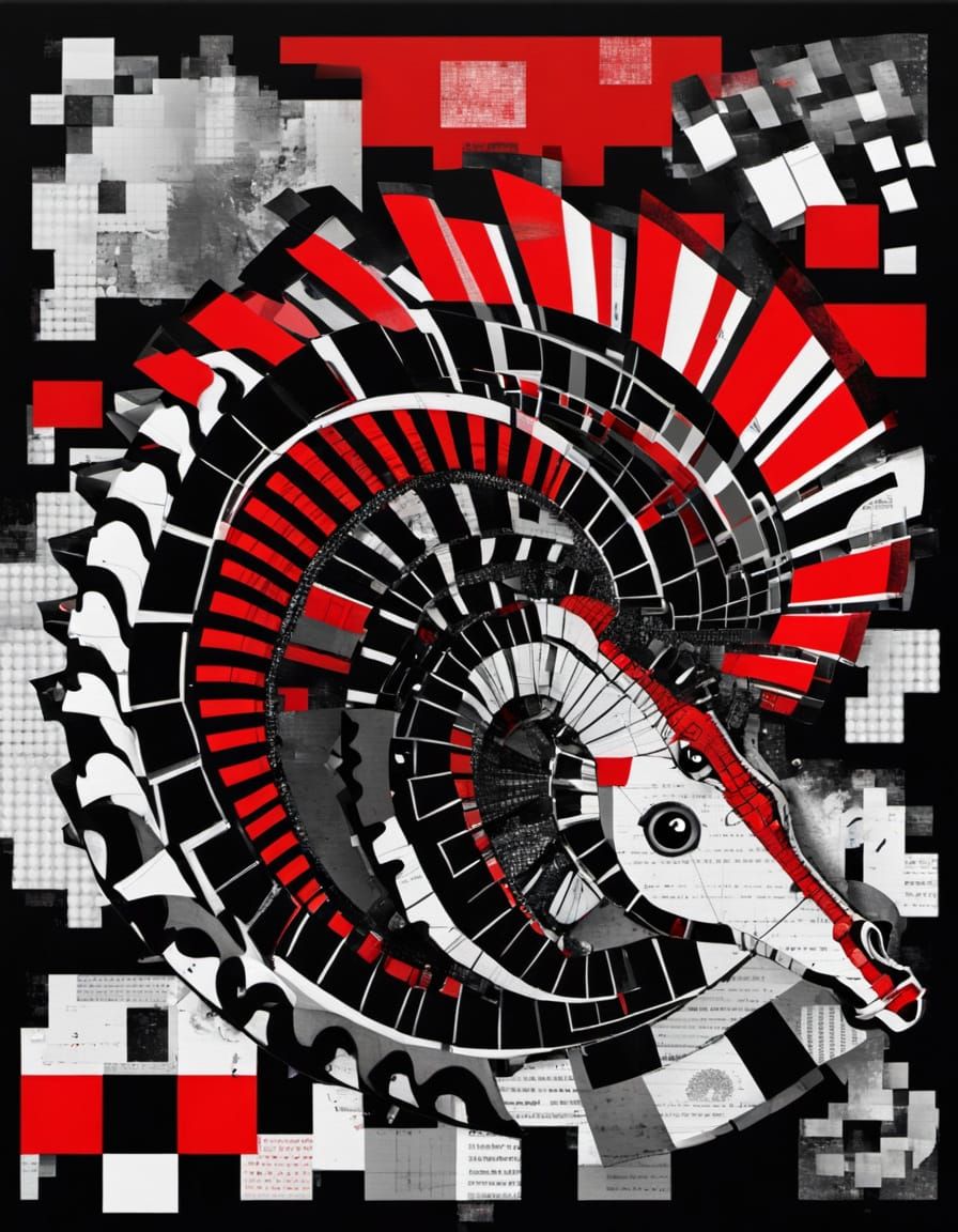 Glitchcore Seahorse in Cubist Collage