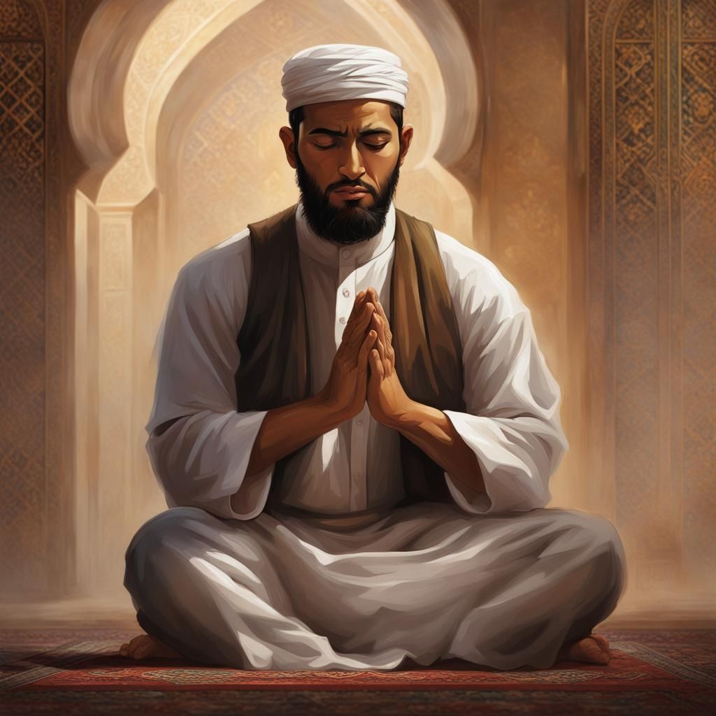 Devout Muslim Man Praying: Detailed Matte Painting