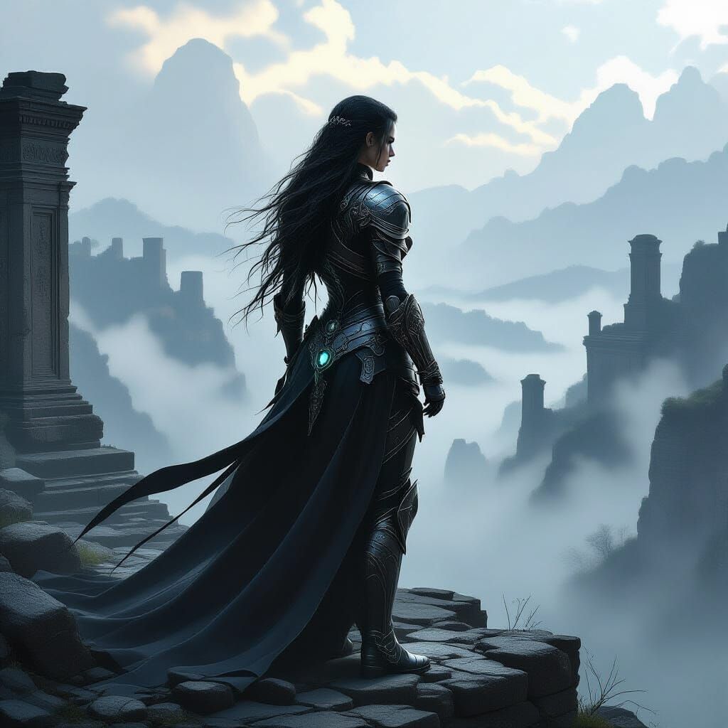 Cybernetic Warrior Goddess in Dark Fantasy Ruins