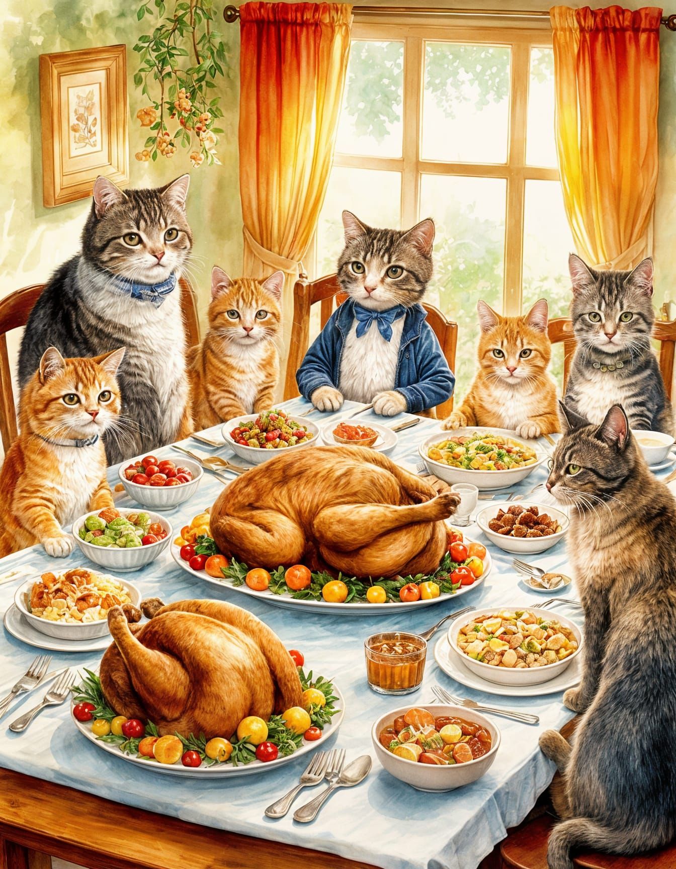 Heartwarming Cat Family Thanksgiving Dinner Illustration