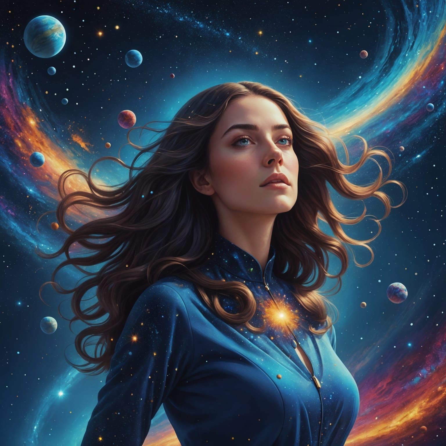 Woman in Zero Gravity Among Space Dust