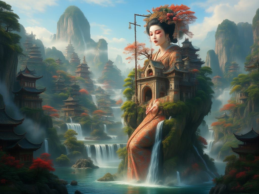 Giant Geisha Emerges From Ancient Chinese Landscape