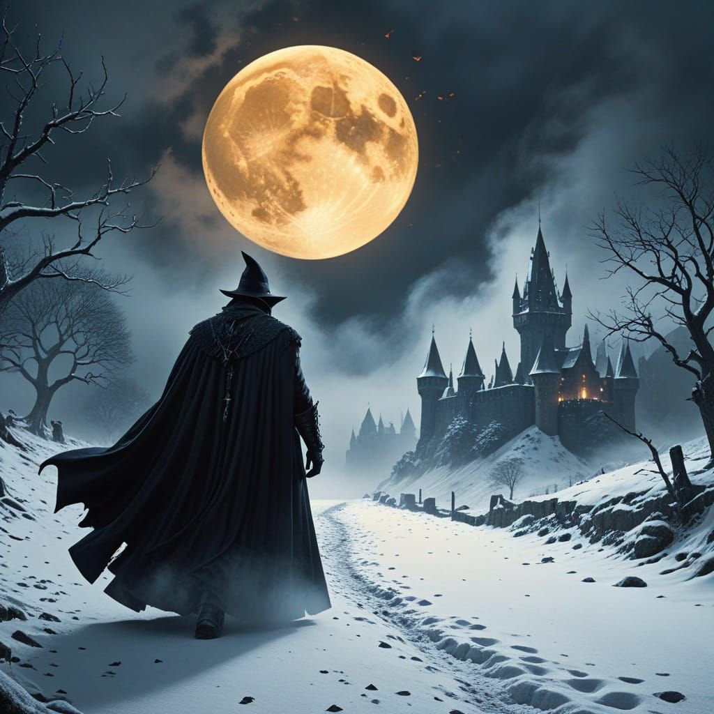 Sorcerer Faces Vampire in Snowy Castle: Dark Fantasy