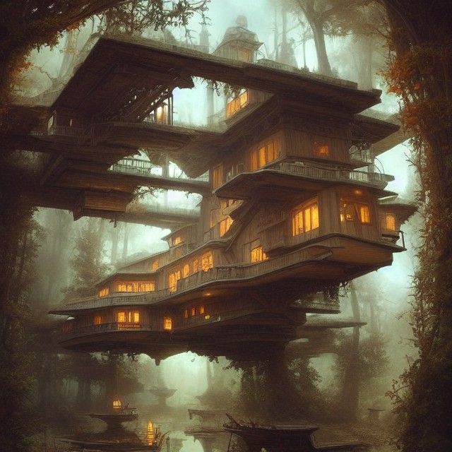 Surreal Warped Wooden House: Dark Fantasy Concept Art