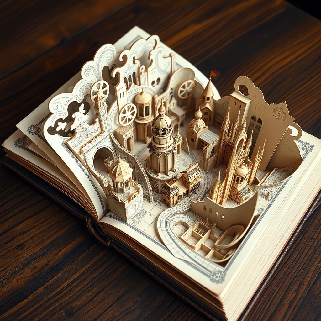 A vintage, leather-bound story book lies open on a wooden table, its pages revealing a intricate, pop-up magical city cr...
