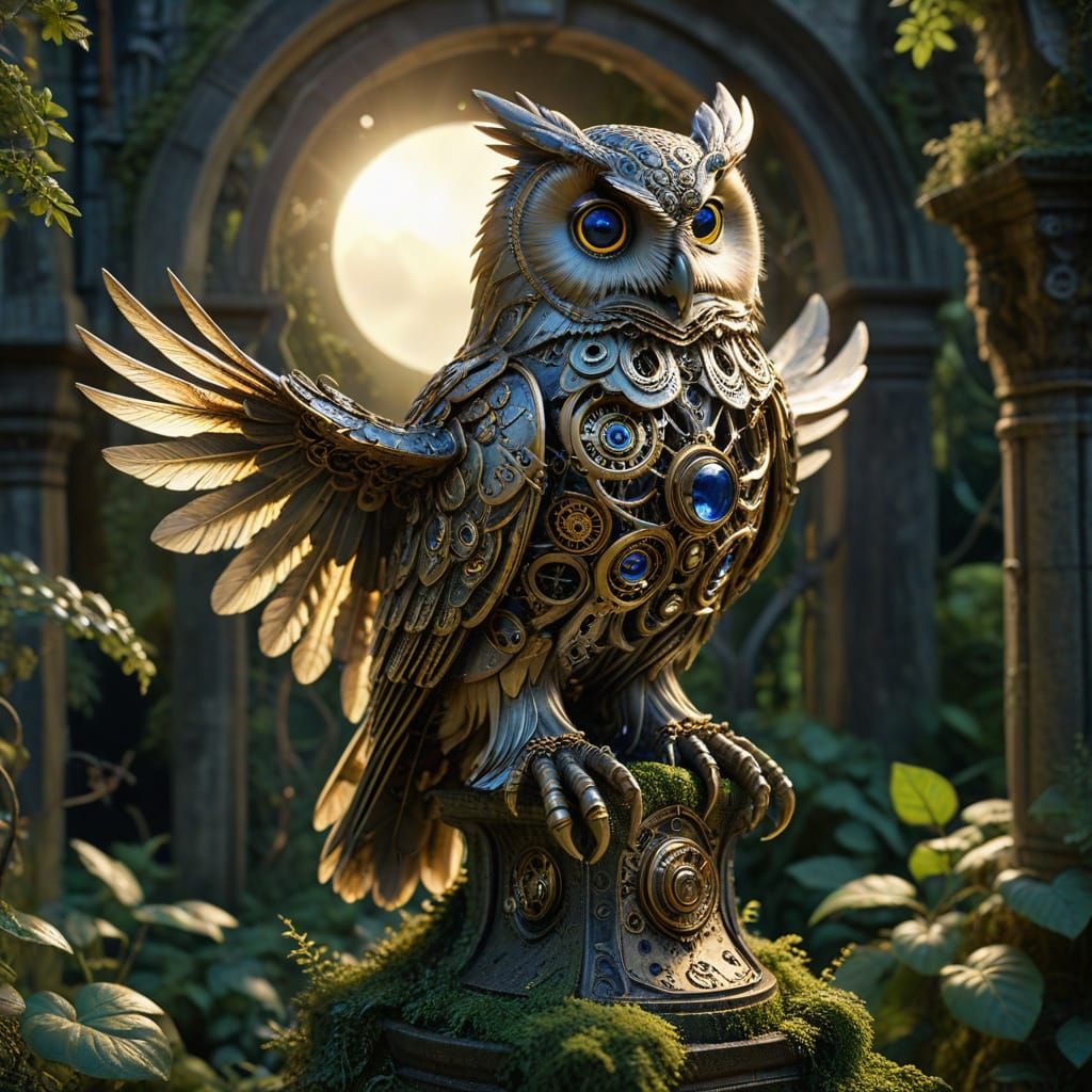 Steampunk Clockwork Owl in Moonlit Victorian Garden