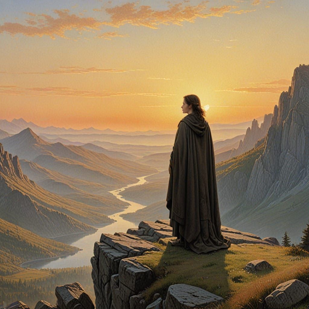 Serene Mountain Landscape at Sunset in Romantic Style