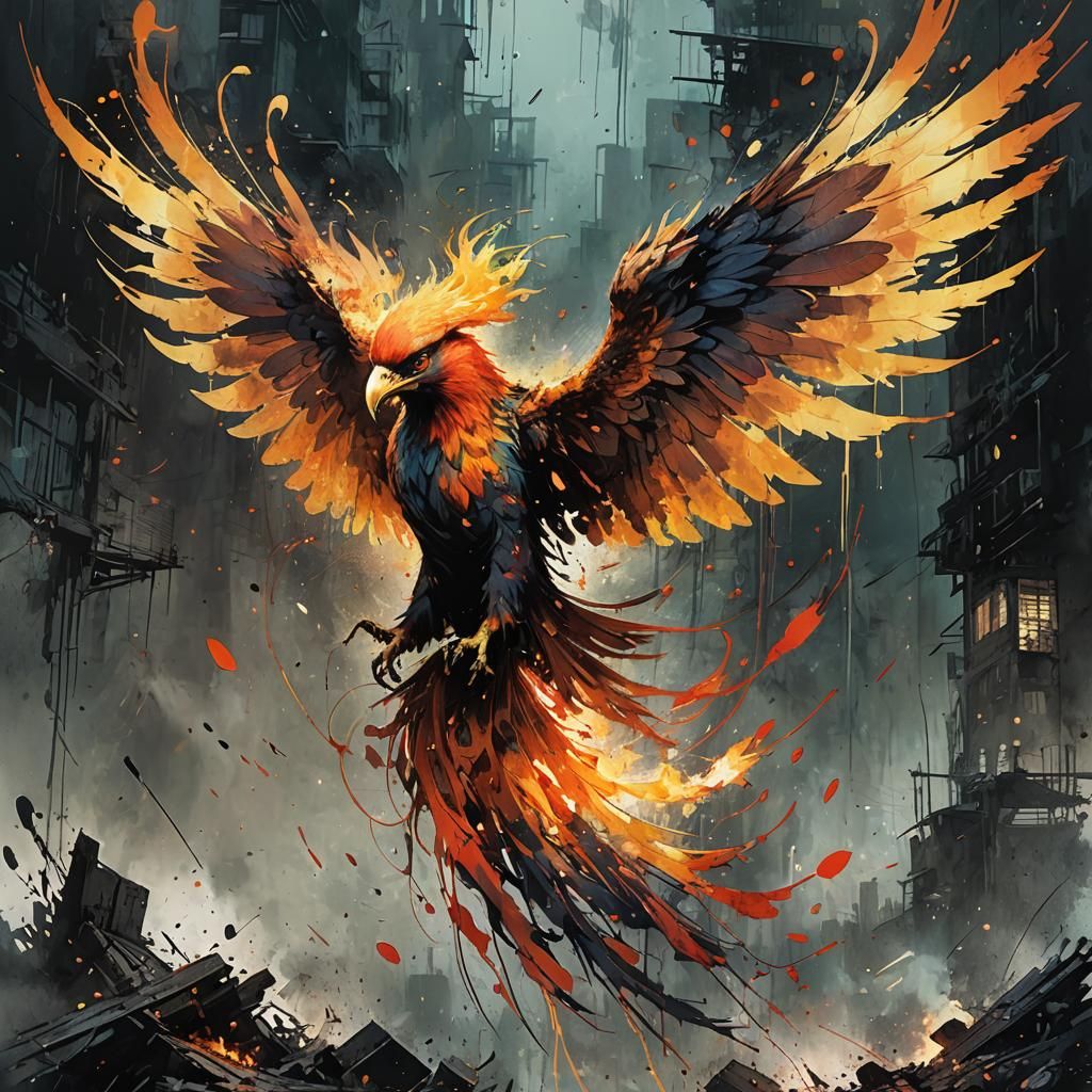 Fiery Phoenix Splash Art in Dark Fantasy Style