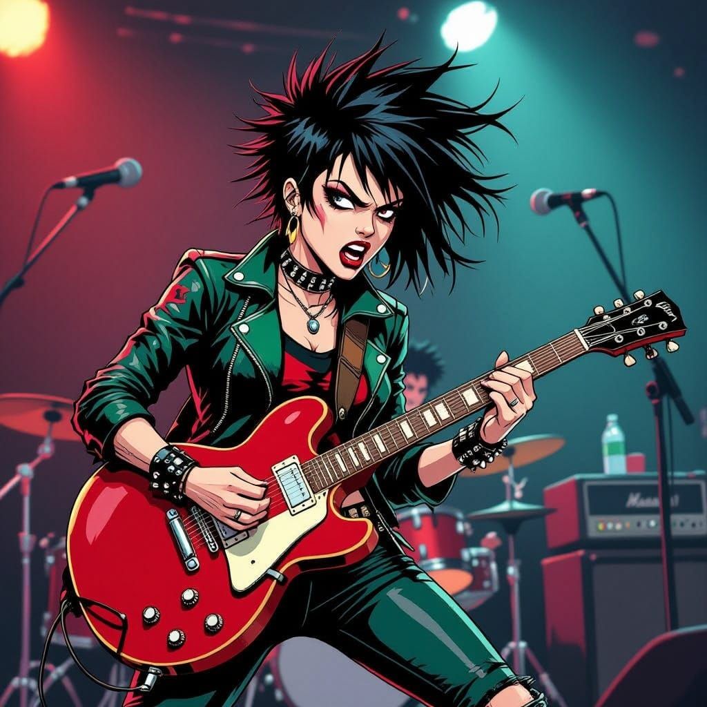 Punk Woman Guitarist in Comic Book Style