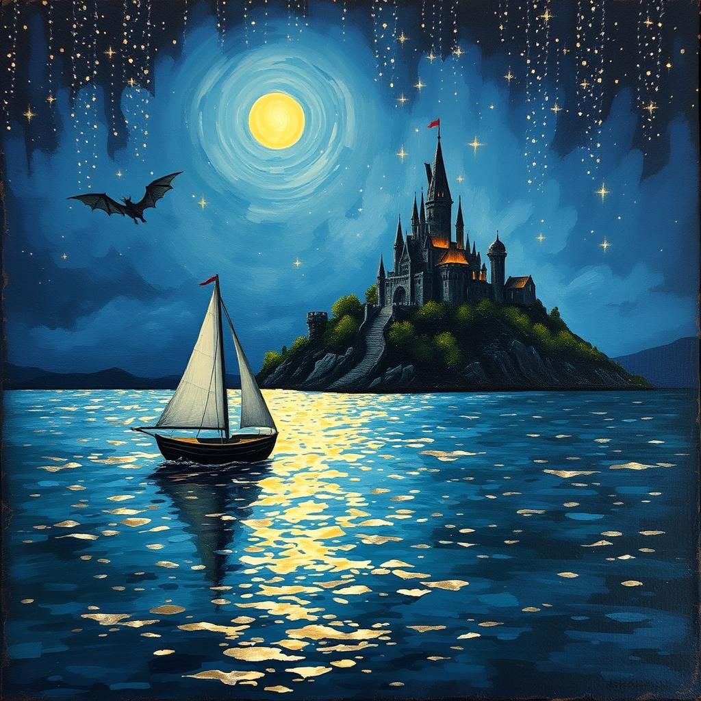 Enchanted Sailboat Scene with Dragon in Impasto Style