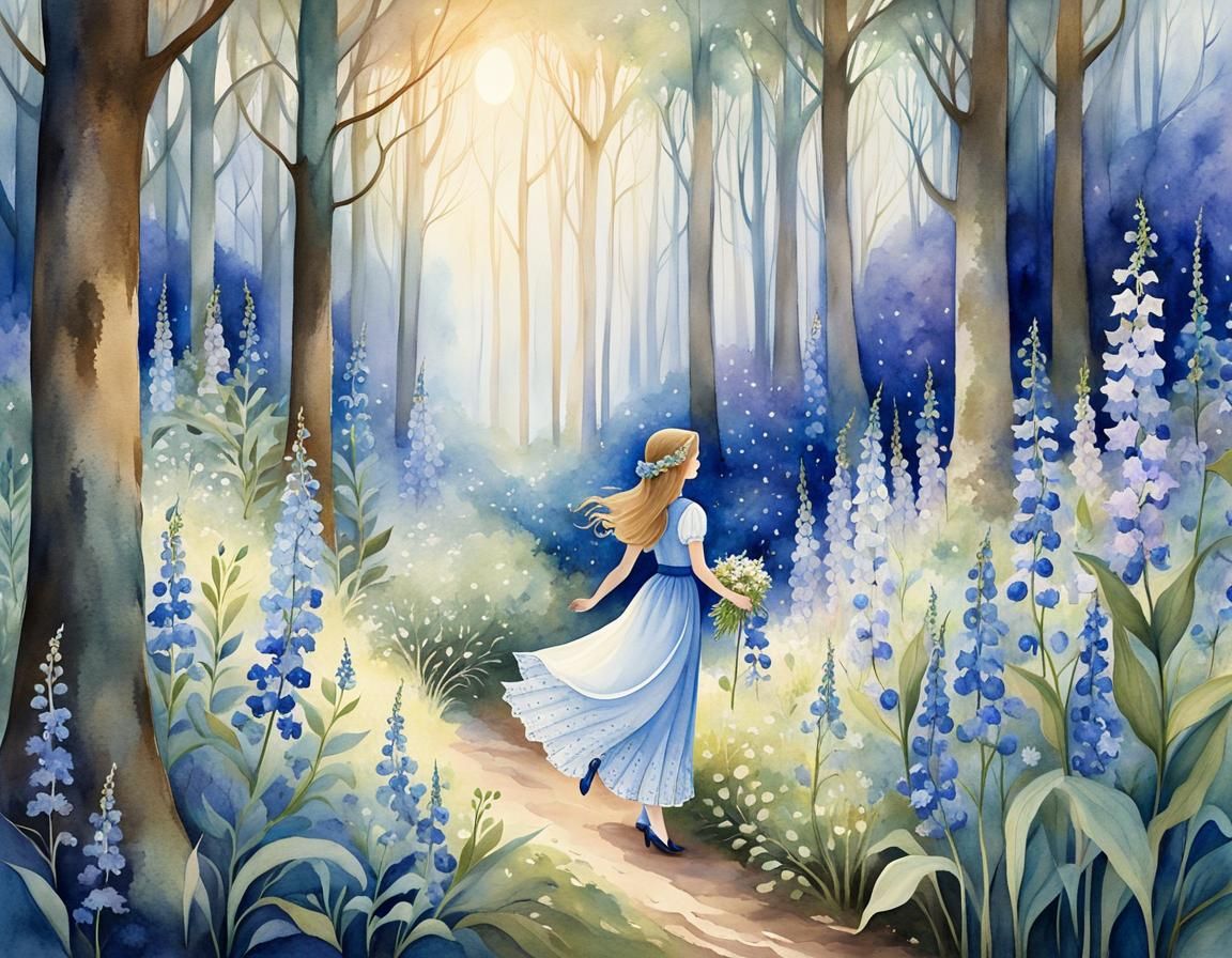 Girl Gathering Flowers in Mystical Forest, Watercolor Illust...