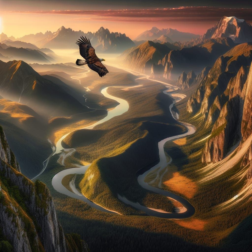 Eagle's Eye View of Mountain Landscape at Sunrise