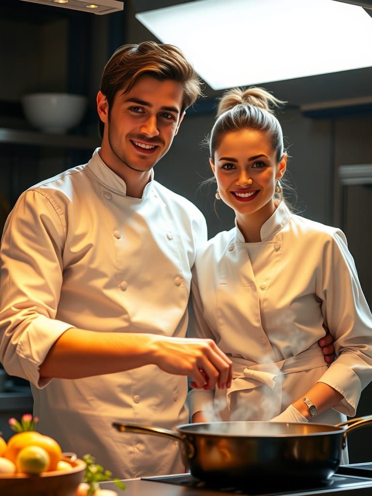 Chef Teaches Colleague in Warm Kitchen Scene