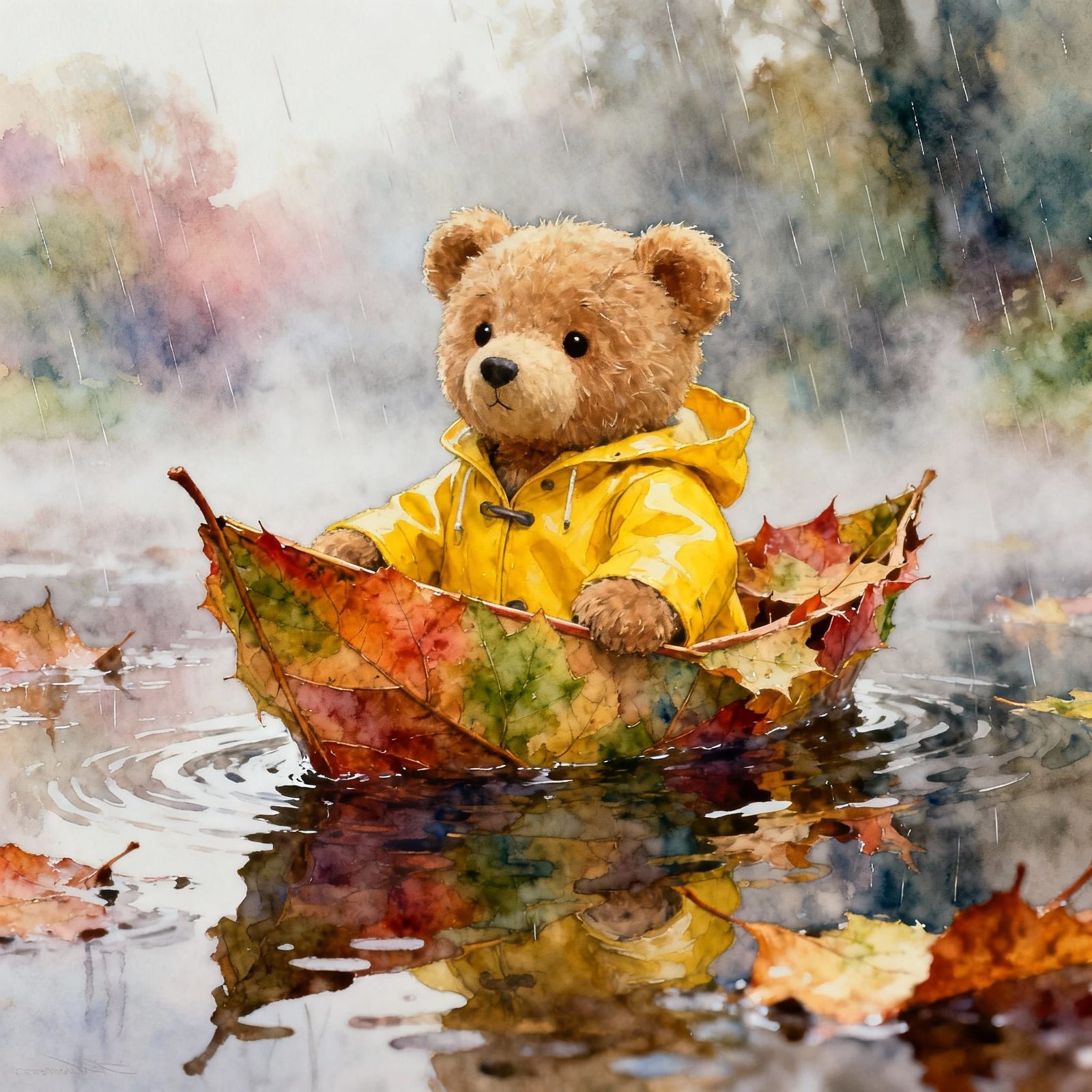 Cute Teddy Bear in Leaf Boat on Rainy Day