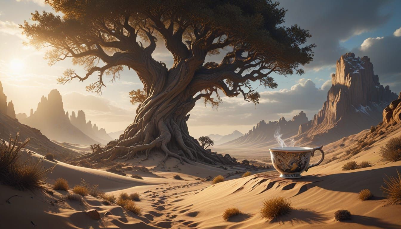 Epic World-Tree Overlooking Cityscape and Mountains