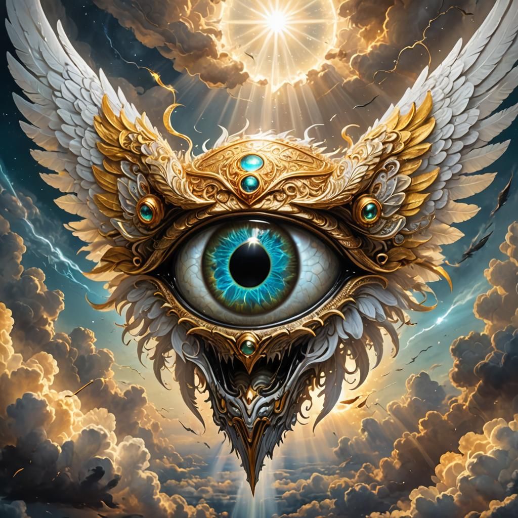 Apocalyptic Angel Eye with Wings in Sky
