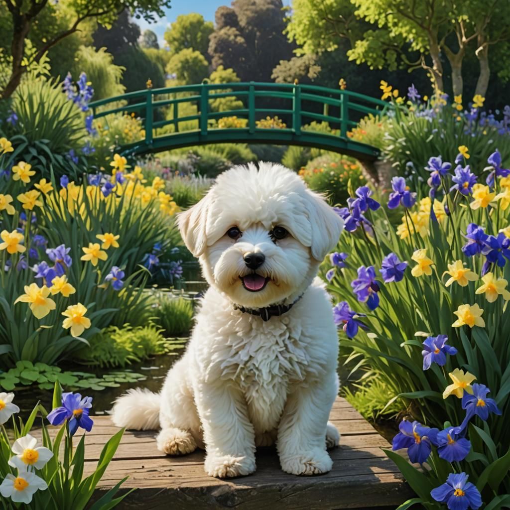 Monet's Garden Puppy: Impressionistic Giverny Scene