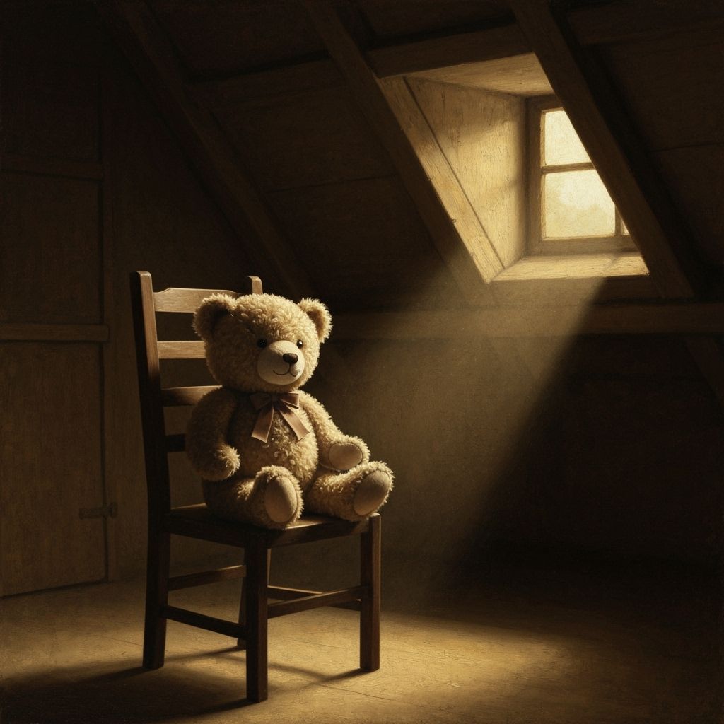 Fluffy Teddy Bear in Light Beam Attic