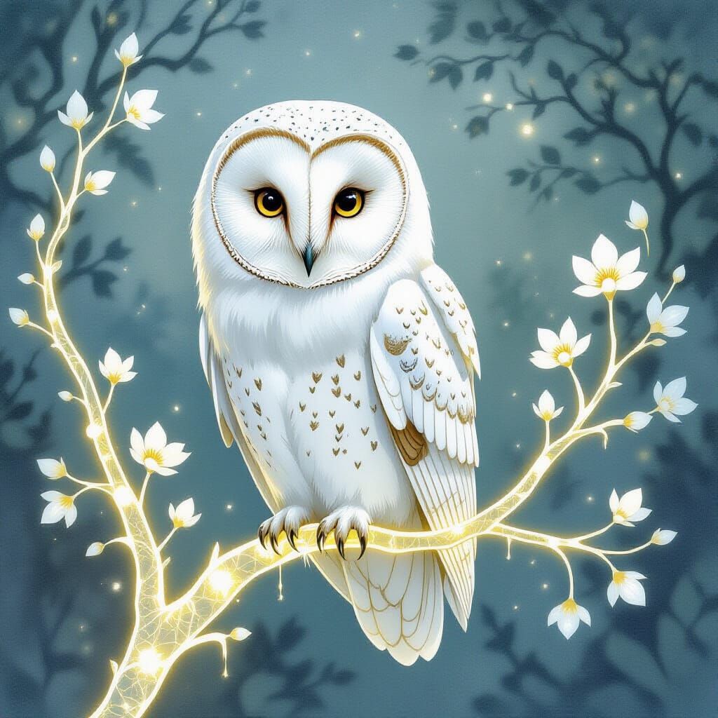 Majestic White Owl on Bioluminescent Branch
