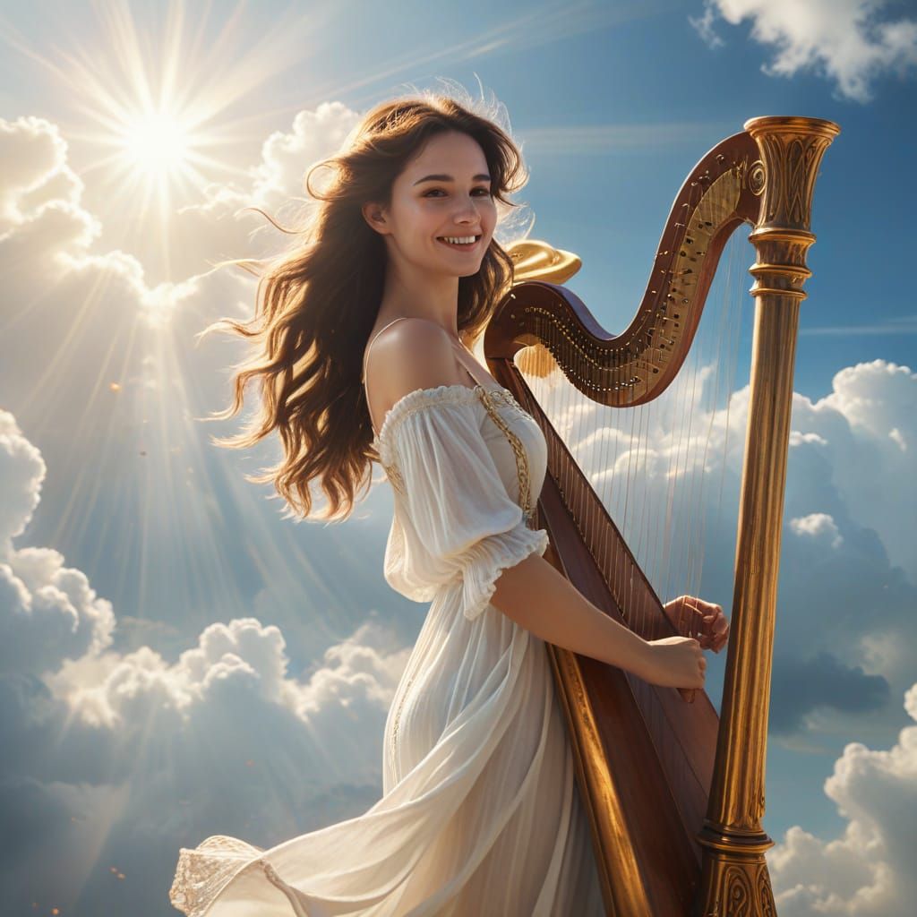 Brunette Harpist in Clouds, Dreamy 3D Render