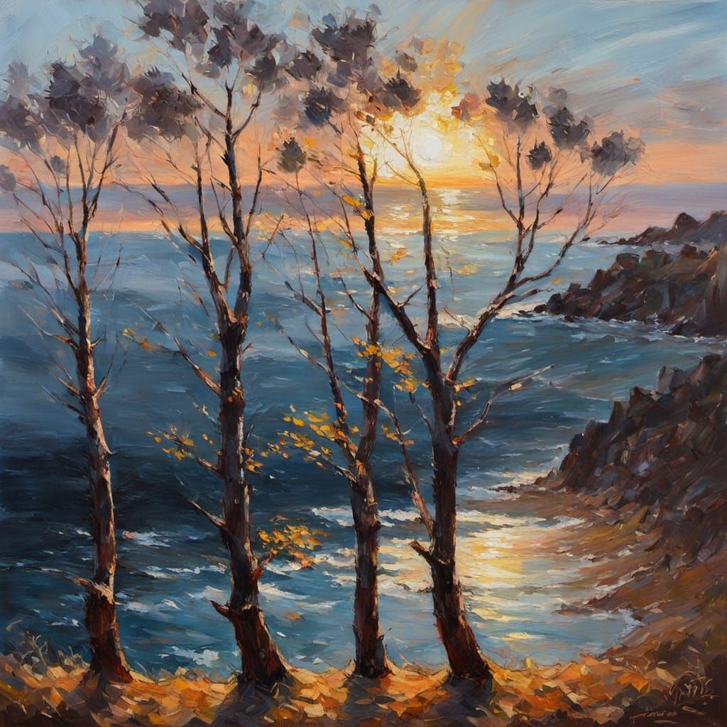 Impressionist Oil Painting of Trees by the Sea