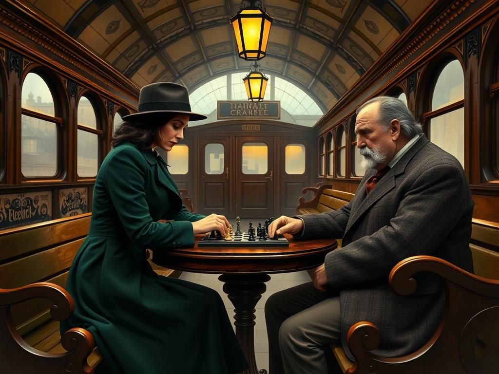 Chess Game in Vintage Train Station: Idyllic Painting