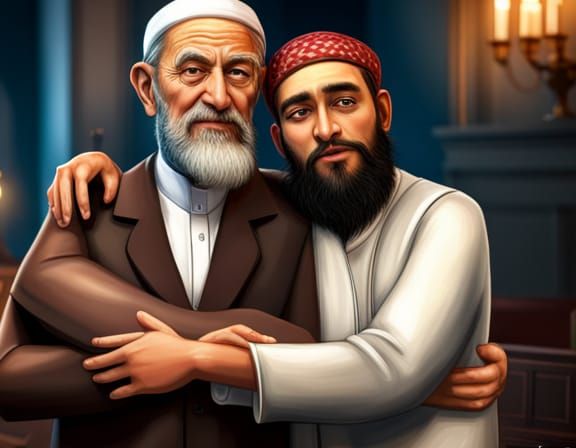 Rabbi and Imam Embrace: Photorealistic Concept Art