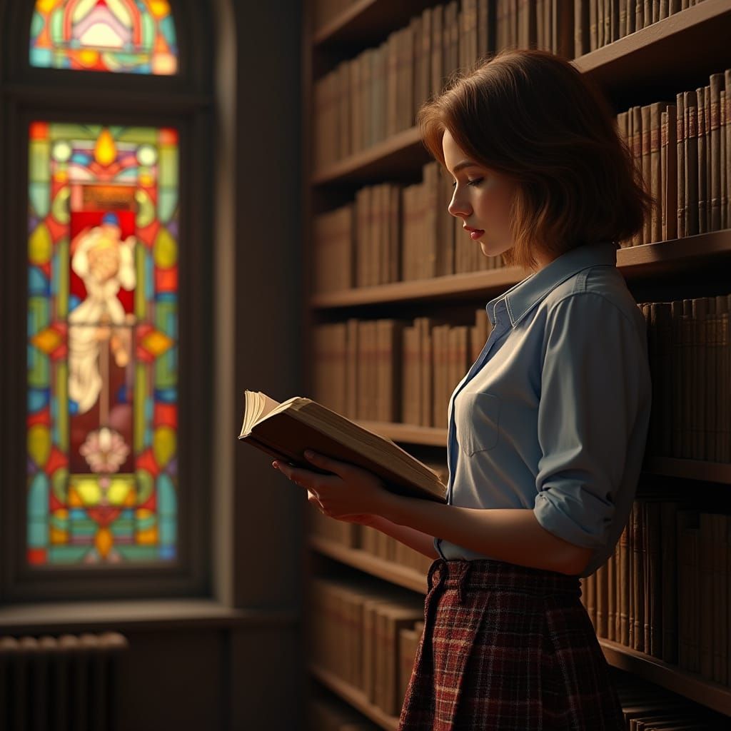 Young Woman Reads in Library with Stained Glass Light
