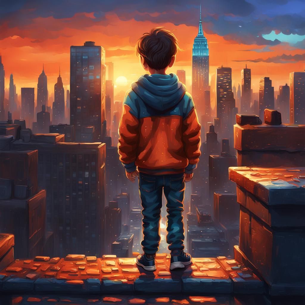 Boy Overlooking New York: Vibrant Concept Art