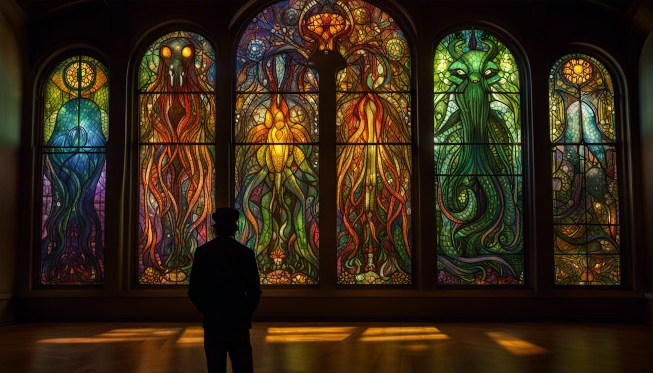 Cthulhu Stained Glass Windows in Art Nouveau Style