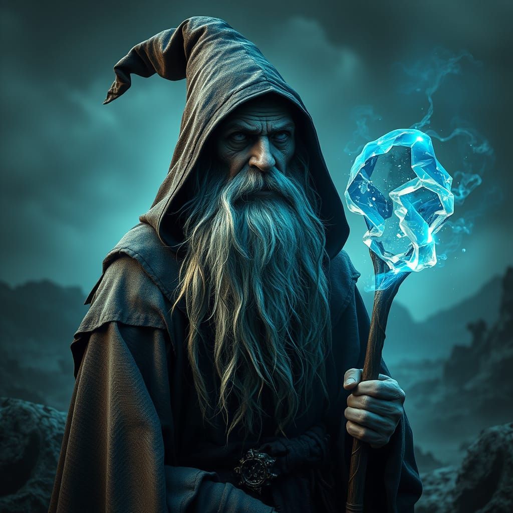 Grungy Wizard Peddler in Ragged Cloak on Harsh Terrain