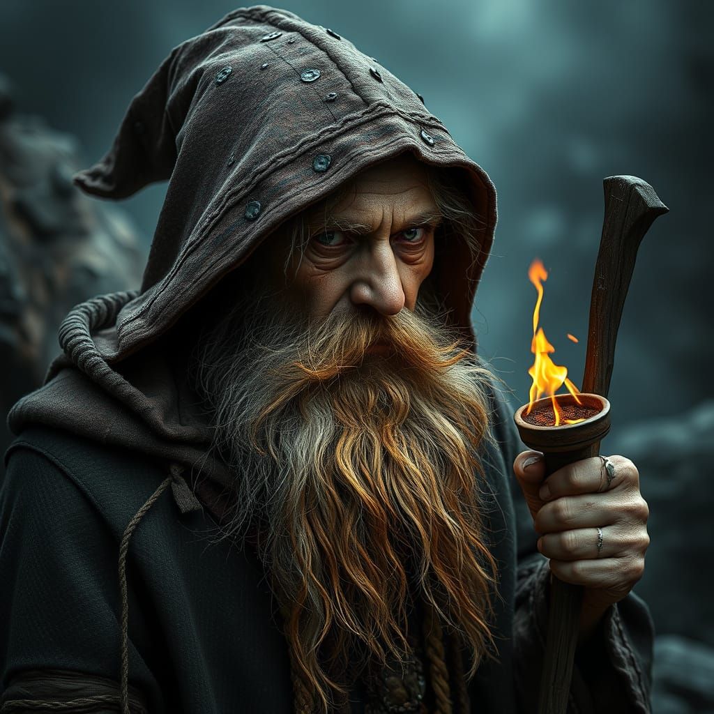 Grungy Wizard Peddler in Harsh Terrain