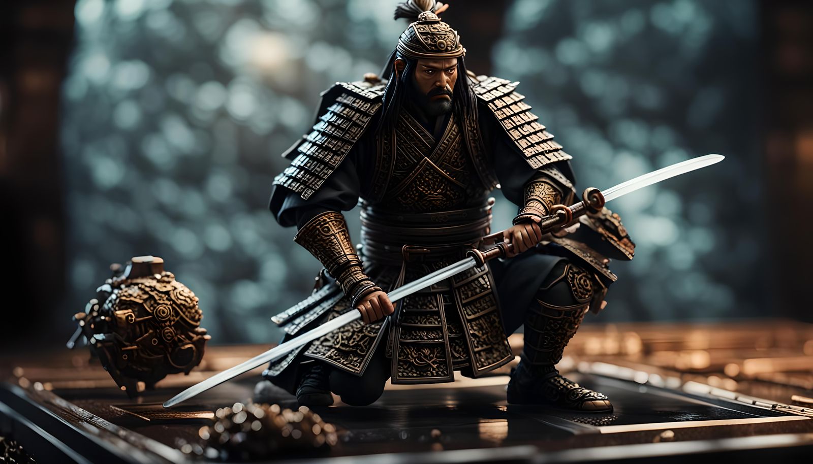 Hyperrealistic Samurai Action Figure in Glass Case