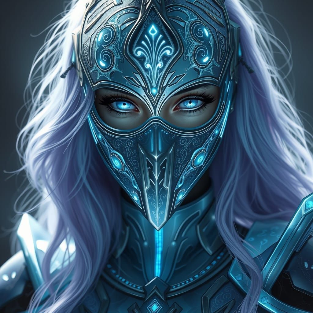 Serene Demigoddess in Silver Mask with Ethereal Runes
