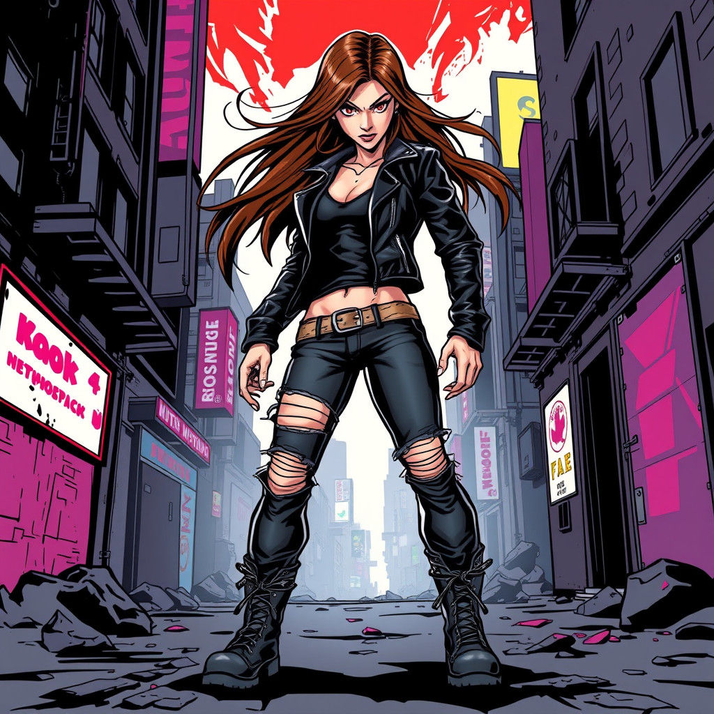 Fearless Woman in Leather Jacket, Comic Book Style