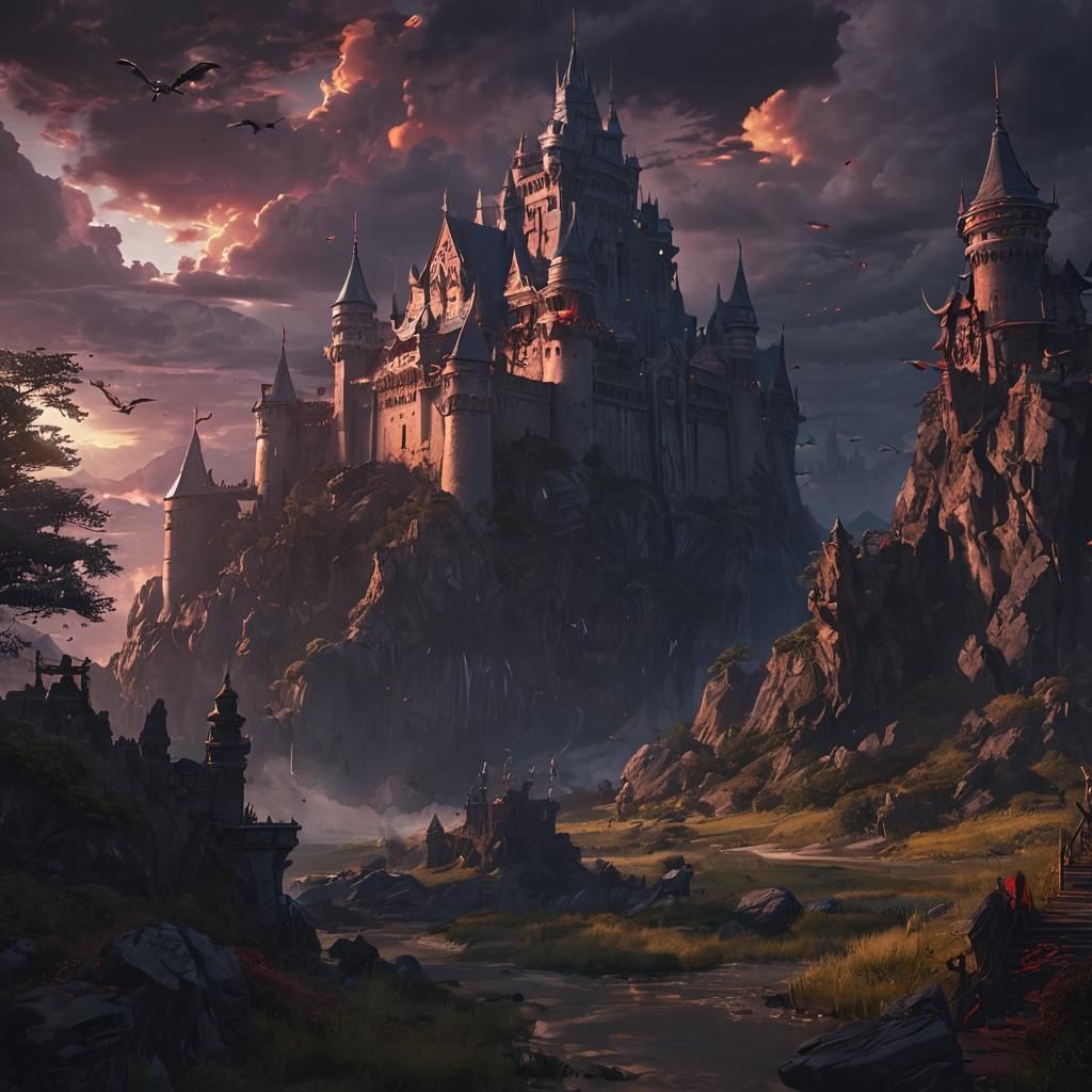 Gothic Castle Sunset with Demons, in Anime Style