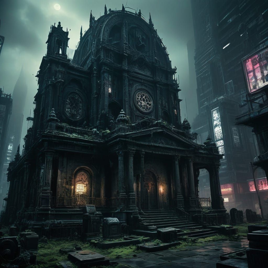 Cyberpunk Cemetery Scene in Dark, Gritty Style