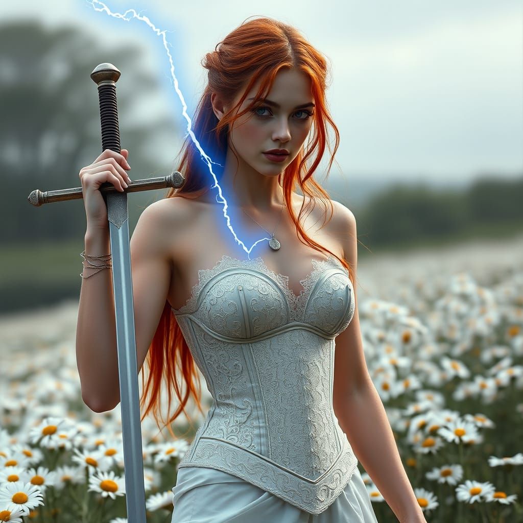 Irish Woman with Lightning Sword in Daisy Field