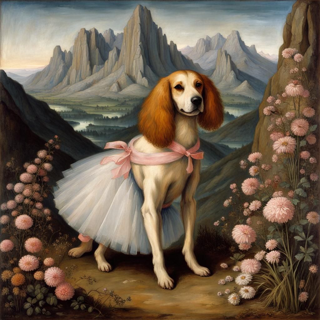 Dog Ballerina in Mountain Flower Fantasy: Oil Painting
