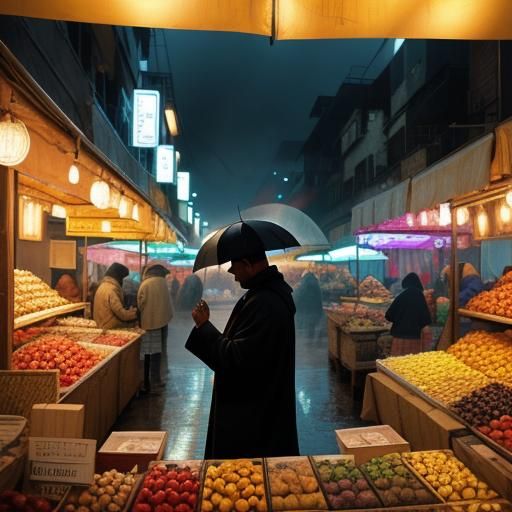 Rainy Market Vendor in Cinematic Lighting