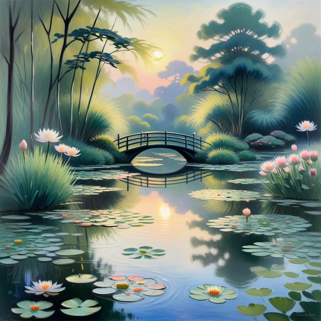 Impressionist Japanese Garden Sunrise with Water Lilies