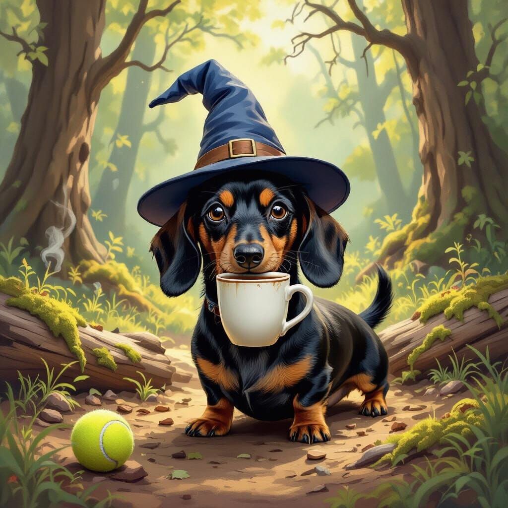 Dachshund Wizard Balances Coffee in Forest