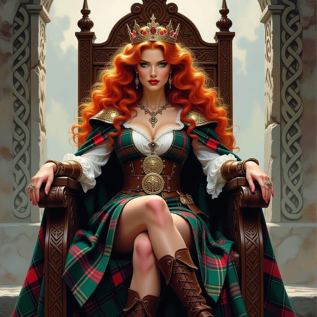 Highland Queen on Celtic Throne in Fantasy Art Style