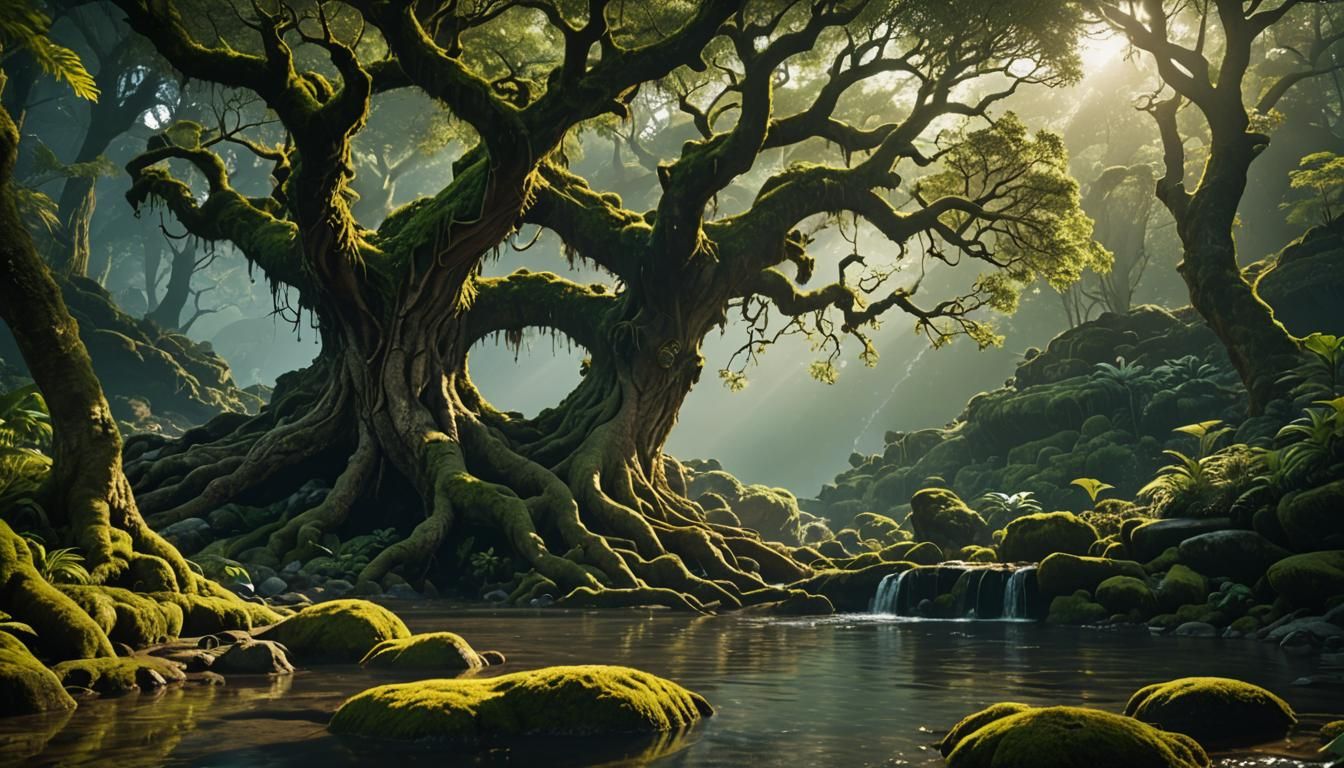 Anthropomorphic Tree Whispering in Primeval Forest