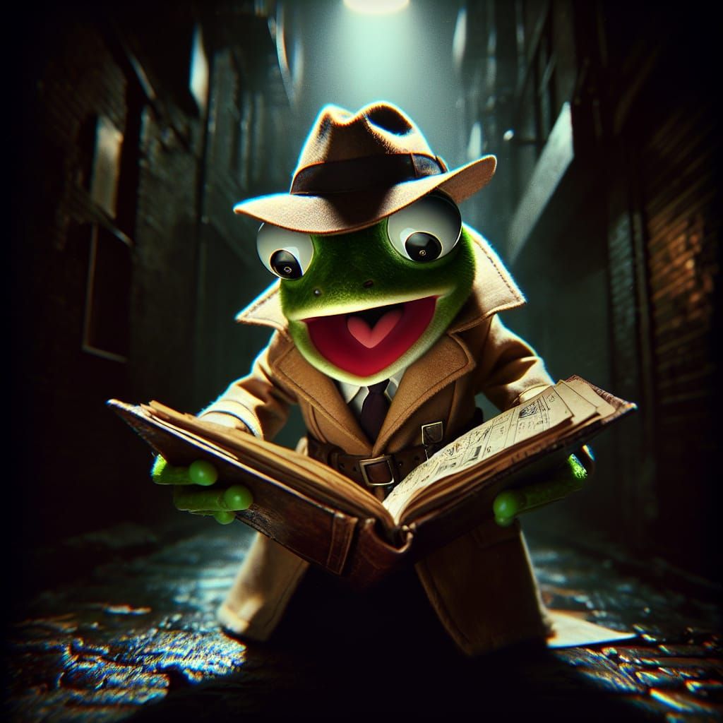 A little frog wearing a detective coat, who opens a clue not...