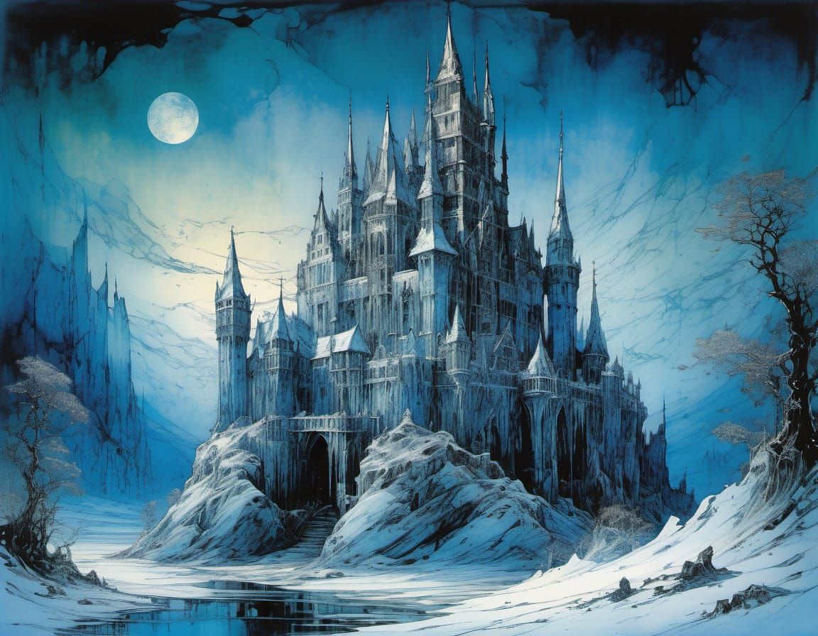 Gothic Ice Castle in Deep Blues and Whites